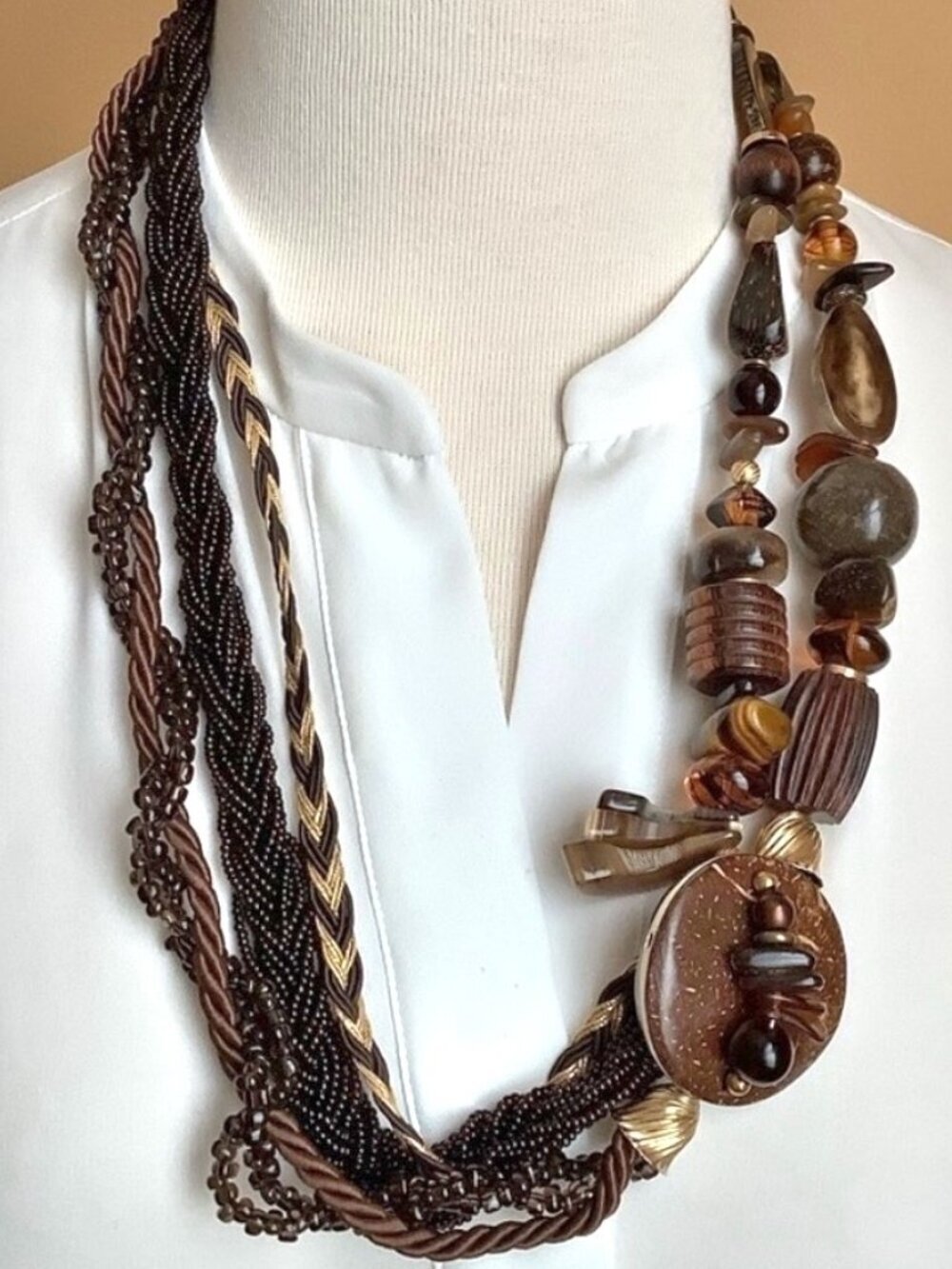 VINTAGE 1980s Lucille Gauthier Artisan Statement Necklace Boho Beaded Chunky